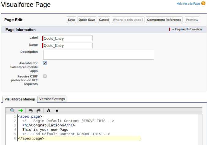 Quote Entry Visualforce Page Start