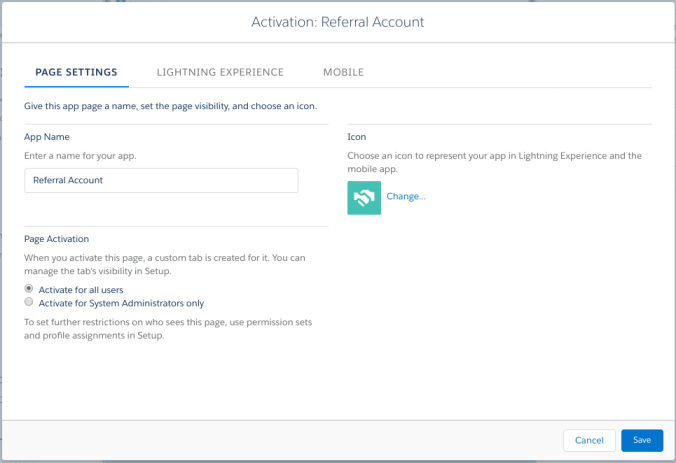 Lightning App Page - Referral Account - Page Settings